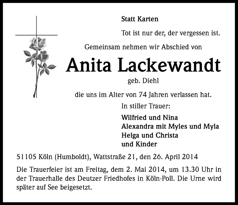  Traueranzeige für Anita Lackewandt vom 29.04.2014 aus Kölner Stadt-Anzeiger / Kölnische Rundschau / Express