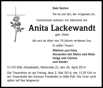 Anzeige von Anita Lackewandt von Kölner Stadt-Anzeiger / Kölnische Rundschau / Express