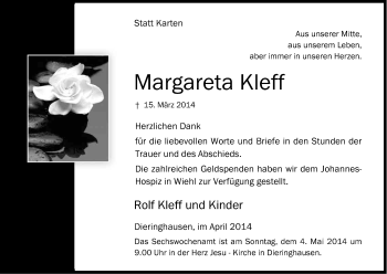 Anzeige von Margareta Kleff von Kölner Stadt-Anzeiger / Kölnische Rundschau / Express