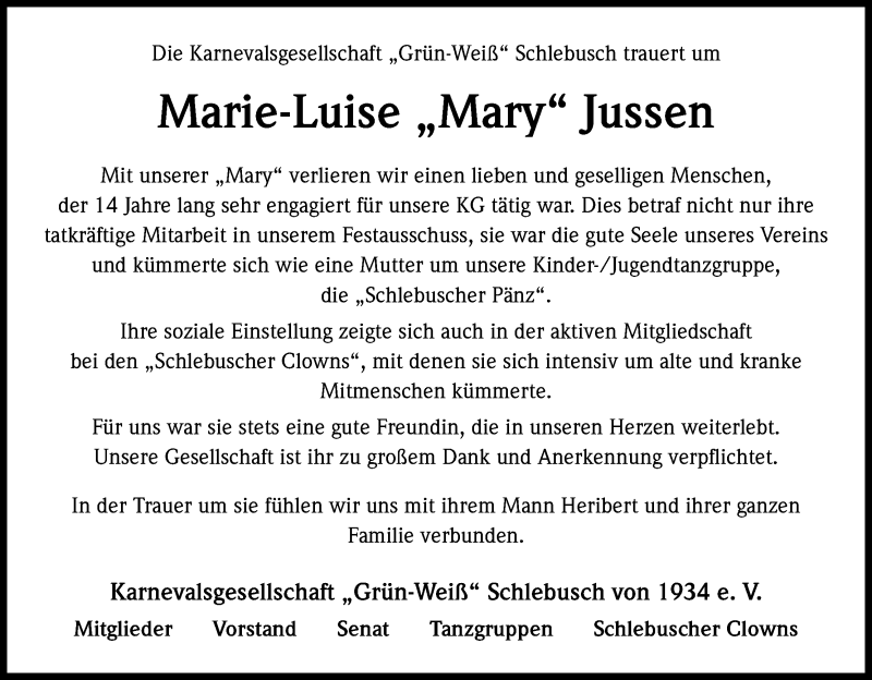  Traueranzeige für Marie-Luise  Jussen vom 30.04.2014 aus Kölner Stadt-Anzeiger / Kölnische Rundschau / Express