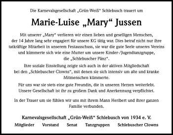 Anzeige von Marie-Luise  Jussen von Kölner Stadt-Anzeiger / Kölnische Rundschau / Express
