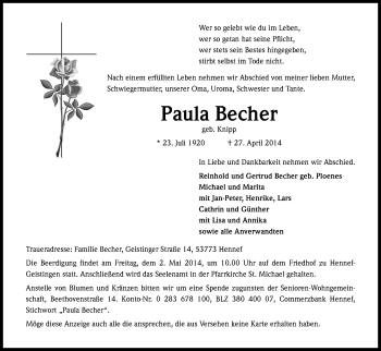 Anzeige von Paula Becher von Kölner Stadt-Anzeiger / Kölnische Rundschau / Express