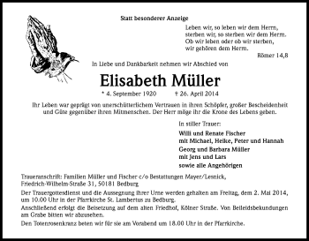 Anzeige von Elisabeth Müller von Kölner Stadt-Anzeiger / Kölnische Rundschau / Express