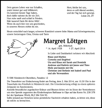 Anzeige von Margret Löttgen von Kölner Stadt-Anzeiger / Kölnische Rundschau / Express