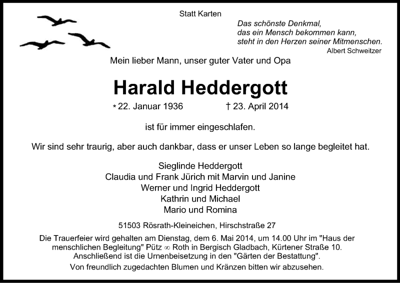  Traueranzeige für Harald Heddergott vom 30.04.2014 aus Kölner Stadt-Anzeiger / Kölnische Rundschau / Express