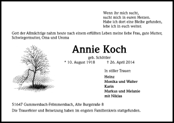 Anzeige von Annie Koch von Kölner Stadt-Anzeiger / Kölnische Rundschau / Express