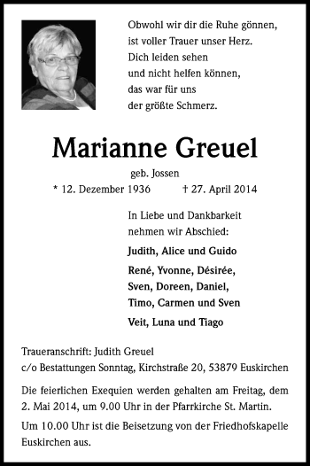 Anzeige von Marianne Greuel von Kölner Stadt-Anzeiger / Kölnische Rundschau / Express