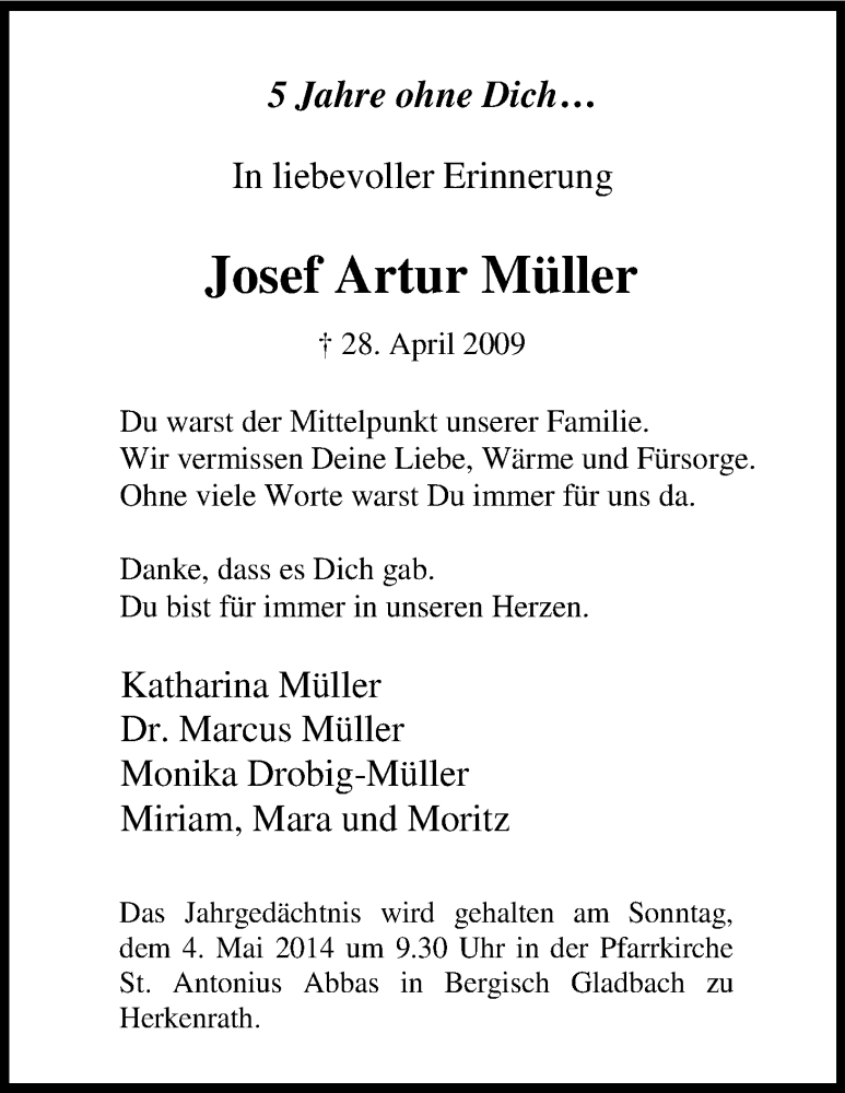  Traueranzeige für Josef Artur Müller vom 30.04.2014 aus Kölner Stadt-Anzeiger / Kölnische Rundschau / Express