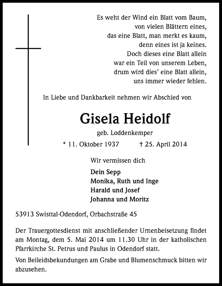  Traueranzeige für Gisela Heidolf vom 30.04.2014 aus Kölner Stadt-Anzeiger / Kölnische Rundschau / Express