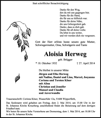 Anzeige von Aloisia Herweg von Kölner Stadt-Anzeiger / Kölnische Rundschau / Express