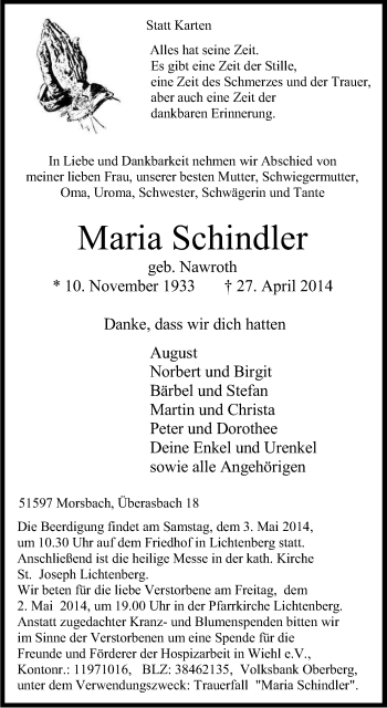 Anzeige von Maria Schindler von Kölner Stadt-Anzeiger / Kölnische Rundschau / Express
