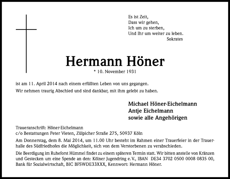  Traueranzeige für Hermann Höner vom 03.05.2014 aus Kölner Stadt-Anzeiger / Kölnische Rundschau / Express