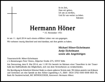 Anzeige von Hermann Höner von Kölner Stadt-Anzeiger / Kölnische Rundschau / Express