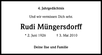 Anzeige von Rudi Müngersdorff von Kölner Stadt-Anzeiger / Kölnische Rundschau / Express