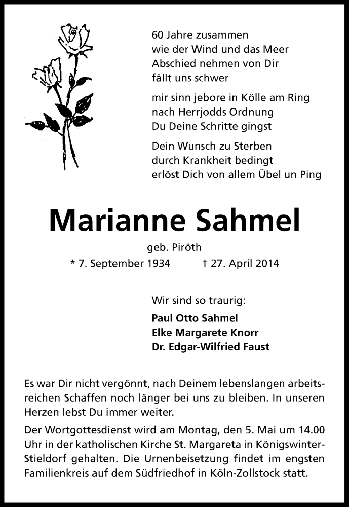 Traueranzeige für Marianne Sahmel vom 30.04.2014 aus Kölner Stadt-Anzeiger / Kölnische Rundschau / Express