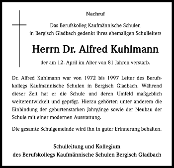 Anzeige von Alfred Kuhlmann von Kölner Stadt-Anzeiger / Kölnische Rundschau / Express