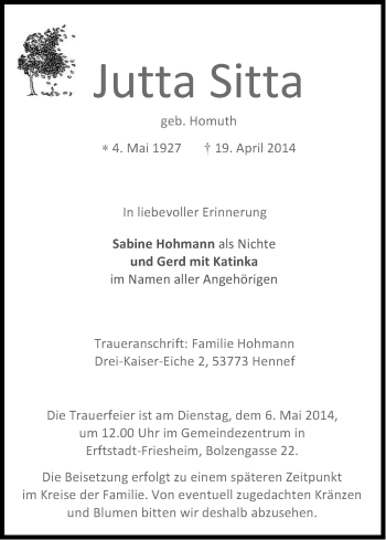 Anzeige von Jutta Sitta von Kölner Stadt-Anzeiger / Kölnische Rundschau / Express