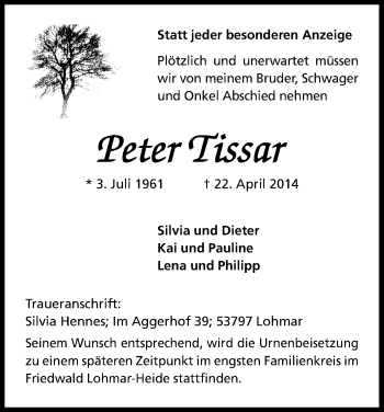 Anzeige von Peter Tissar von Kölner Stadt-Anzeiger / Kölnische Rundschau / Express