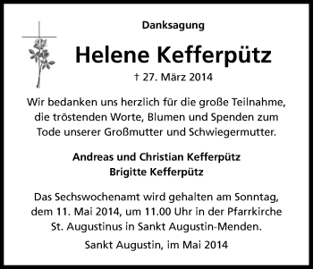 Anzeige von Helene Kefferpütz von Kölner Stadt-Anzeiger / Kölnische Rundschau / Express