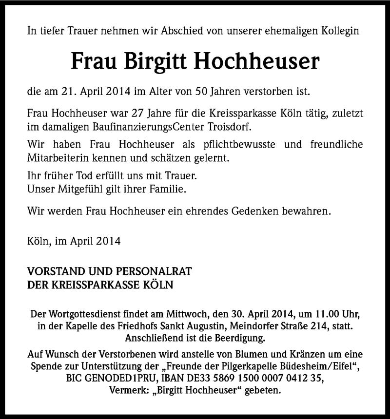  Traueranzeige für Birgitt Hochheuser vom 30.04.2014 aus Kölner Stadt-Anzeiger / Kölnische Rundschau / Express