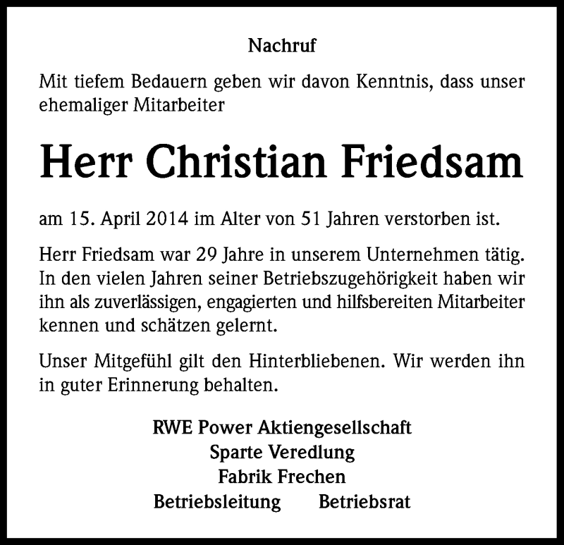  Traueranzeige für Christian Friedsam vom 01.05.2014 aus Kölner Stadt-Anzeiger / Kölnische Rundschau / Express