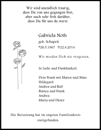 Anzeige von Gabriela Noth von Kölner Stadt-Anzeiger / Kölnische Rundschau / Express