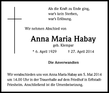 Anzeige von Anna Maria Habay von Kölner Stadt-Anzeiger / Kölnische Rundschau / Express