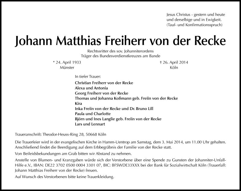  Traueranzeige für Johann Matthias von der Recke vom 30.04.2014 aus Kölner Stadt-Anzeiger / Kölnische Rundschau / Express