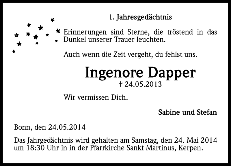  Traueranzeige für Ingenore Dapper vom 24.05.2014 aus Kölner Stadt-Anzeiger / Kölnische Rundschau / Express