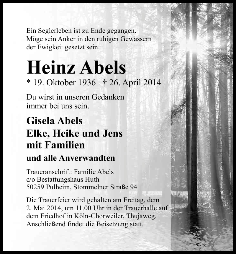  Traueranzeige für Heinz Abels vom 30.04.2014 aus Kölner Stadt-Anzeiger / Kölnische Rundschau / Express