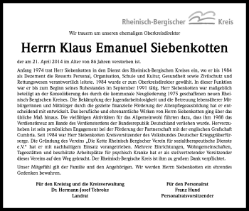 Anzeige von Klaus Emanuel Siebenkotten von Kölner Stadt-Anzeiger / Kölnische Rundschau / Express