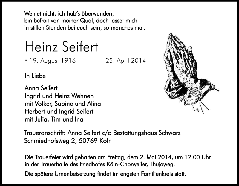  Traueranzeige für Heinz Seifert vom 30.04.2014 aus Kölner Stadt-Anzeiger / Kölnische Rundschau / Express