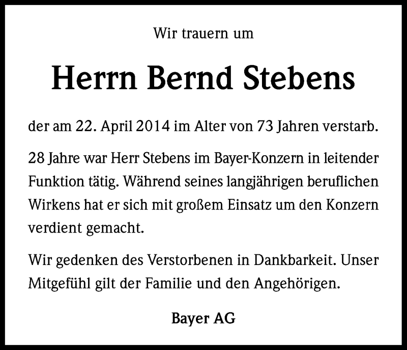  Traueranzeige für Bernd Stebens vom 30.04.2014 aus Kölner Stadt-Anzeiger / Kölnische Rundschau / Express