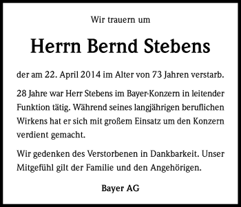 Anzeige von Bernd Stebens von Kölner Stadt-Anzeiger / Kölnische Rundschau / Express