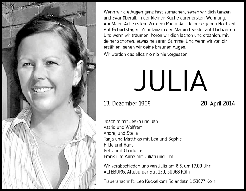  Traueranzeige für Julia  vom 03.05.2014 aus Kölner Stadt-Anzeiger / Kölnische Rundschau / Express
