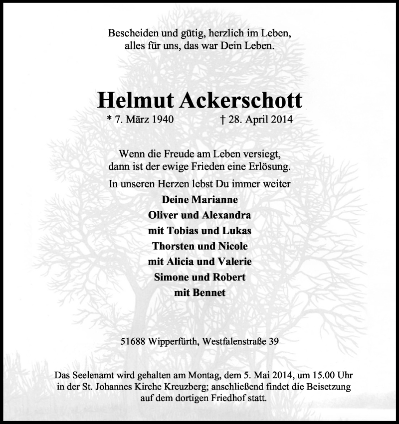  Traueranzeige für Helmut Ackerschott vom 30.04.2014 aus Kölner Stadt-Anzeiger / Kölnische Rundschau / Express