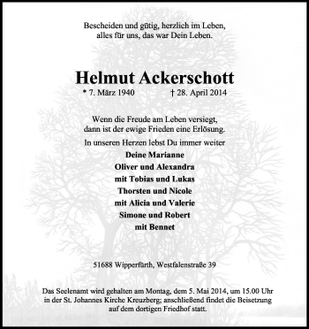 Anzeige von Helmut Ackerschott von Kölner Stadt-Anzeiger / Kölnische Rundschau / Express