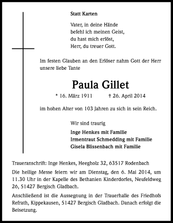 Anzeige von Paula Gillet von Kölner Stadt-Anzeiger / Kölnische Rundschau / Express