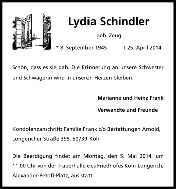 Anzeige von Lydia Schindler von Kölner Stadt-Anzeiger / Kölnische Rundschau / Express