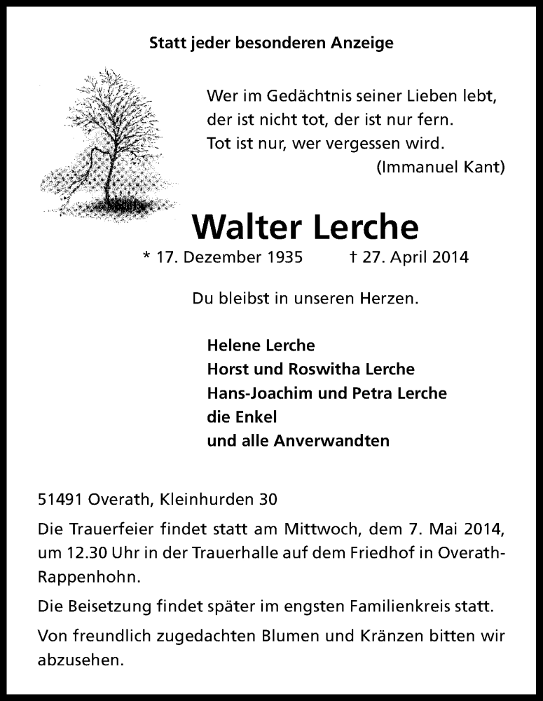  Traueranzeige für Walter Lerche vom 30.04.2014 aus Kölner Stadt-Anzeiger / Kölnische Rundschau / Express