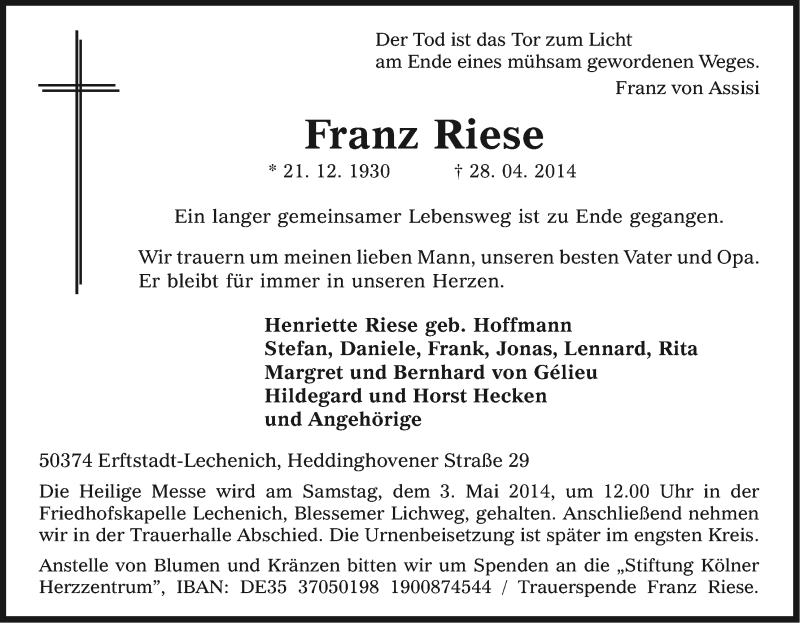  Traueranzeige für Franz Riese vom 30.04.2014 aus Kölner Stadt-Anzeiger / Kölnische Rundschau / Express