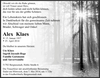 Anzeige von Alex Klaes von Kölner Stadt-Anzeiger / Kölnische Rundschau / Express
