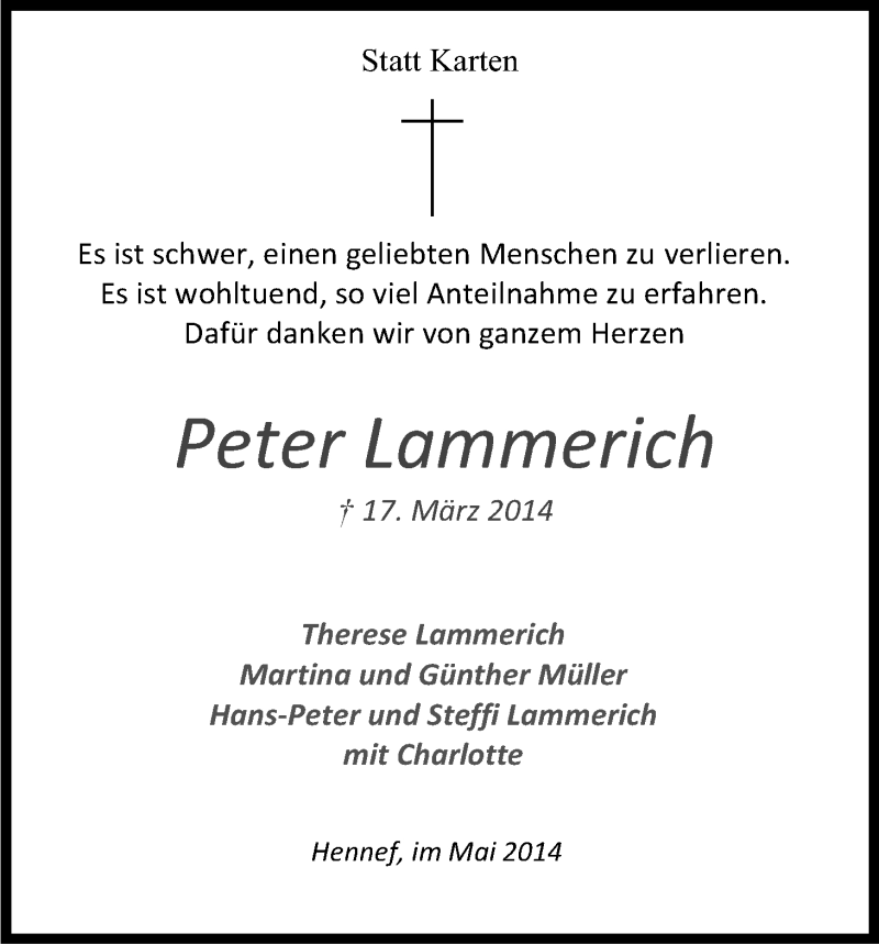 Traueranzeige für Peter Lammerich vom 03.05.2014 aus Kölner Stadt-Anzeiger / Kölnische Rundschau / Express