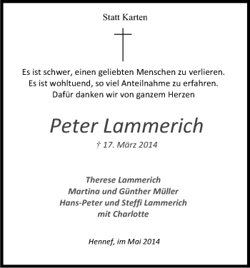 Anzeige von Peter Lammerich von Kölner Stadt-Anzeiger / Kölnische Rundschau / Express