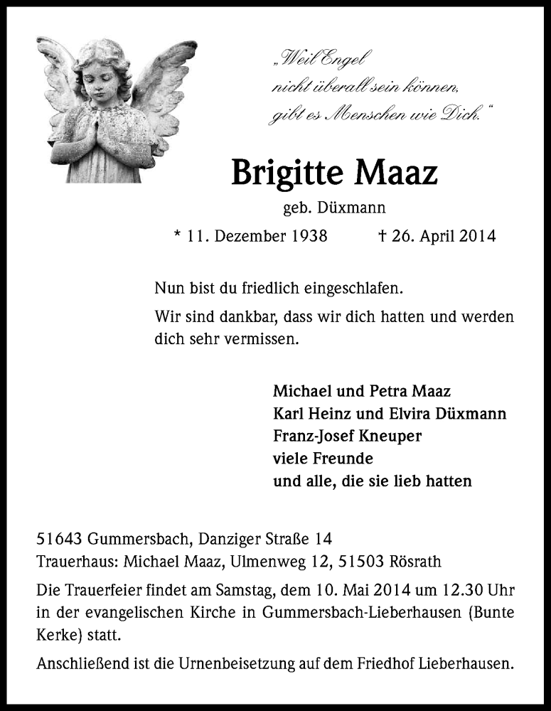  Traueranzeige für Brigitte Maaz vom 30.04.2014 aus Kölner Stadt-Anzeiger / Kölnische Rundschau / Express