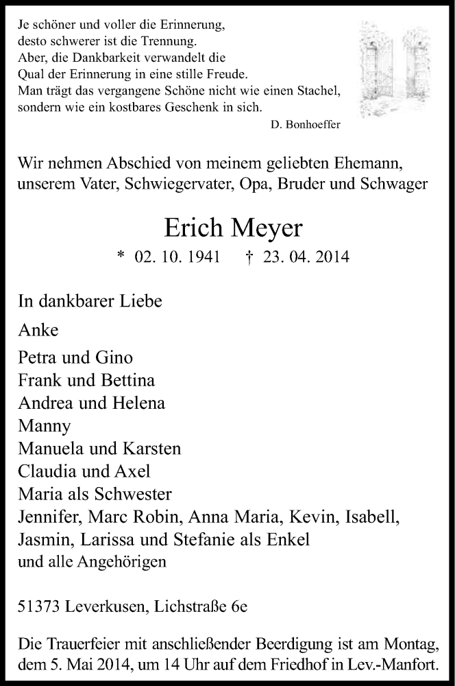  Traueranzeige für Erich Meyer vom 30.04.2014 aus Kölner Stadt-Anzeiger / Kölnische Rundschau / Express