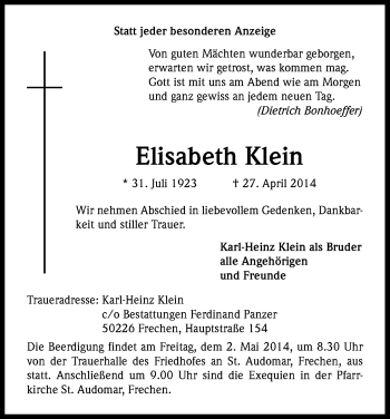 Anzeige von Elisabeth Klein von Kölner Stadt-Anzeiger / Kölnische Rundschau / Express