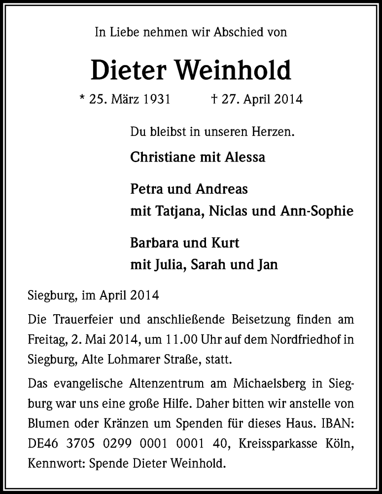  Traueranzeige für Dieter Weinhold vom 30.04.2014 aus Kölner Stadt-Anzeiger / Kölnische Rundschau / Express
