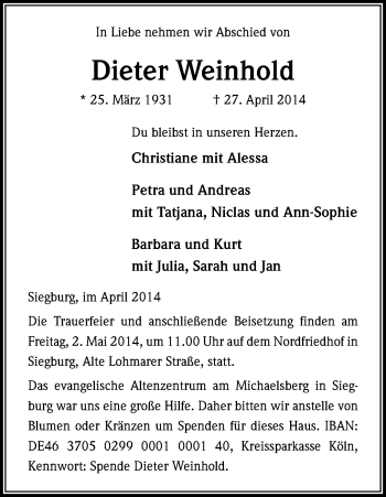 Anzeige von Dieter Weinhold von Kölner Stadt-Anzeiger / Kölnische Rundschau / Express