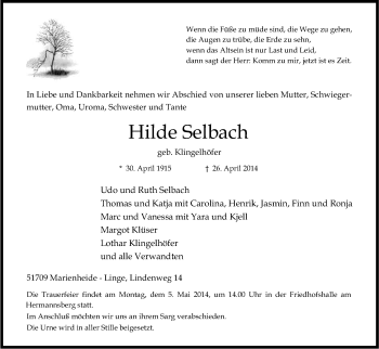 Anzeige von Hilde Selbach von Kölner Stadt-Anzeiger / Kölnische Rundschau / Express
